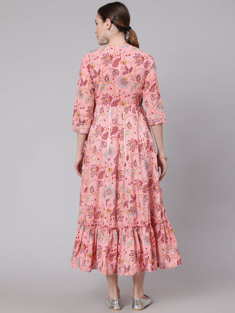 Women Peach Printed Embroidered Dress With Three Quarter Sleeves