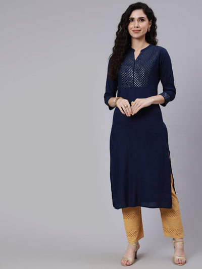 Women Navy Blue Embroidered Yoke Design Straight Kurta