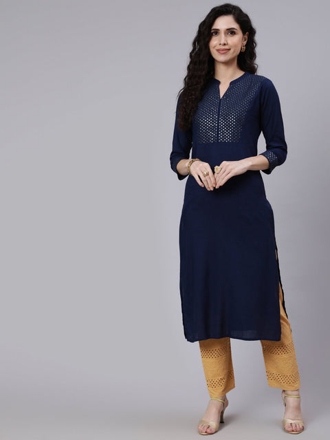 Women Navy Blue Embroidered Yoke Design Straight Kurta