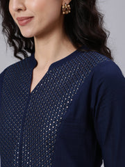 Women Navy Blue Embroidered Yoke Design Straight Kurta