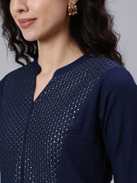 Women Navy Blue Embroidered Yoke Design Straight Kurta