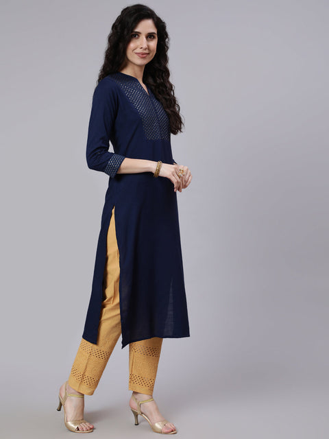 Women Navy Blue Embroidered Yoke Design Straight Kurta