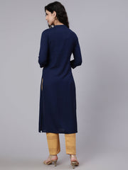 Women Navy Blue Embroidered Yoke Design Straight Kurta