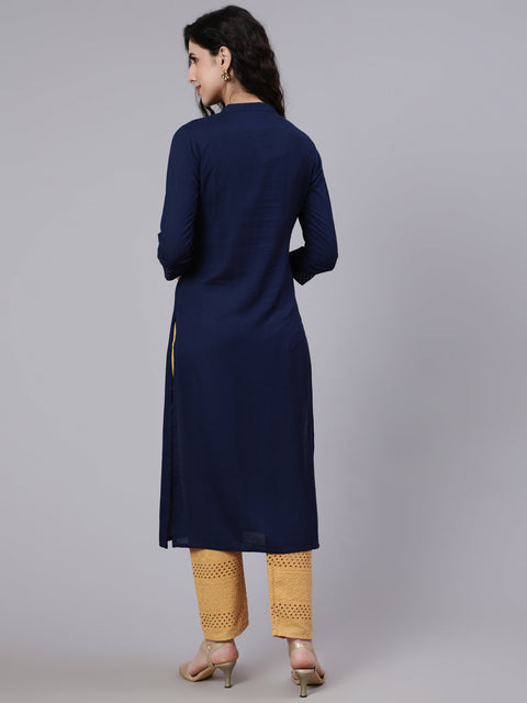 Women Navy Blue Embroidered Yoke Design Straight Kurta