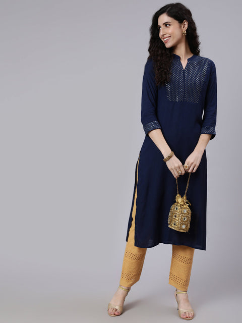 Women Navy Blue Embroidered Yoke Design Straight Kurta