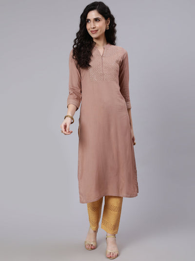 Women Beige Embroidered Yoke Design Straight Kurta