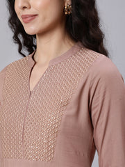 Women Beige Embroidered Yoke Design Straight Kurta