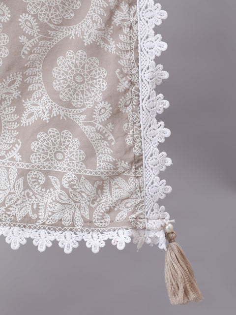 Women Grey Ethnic Printed Flared Kurta With Trouser And Dupatta