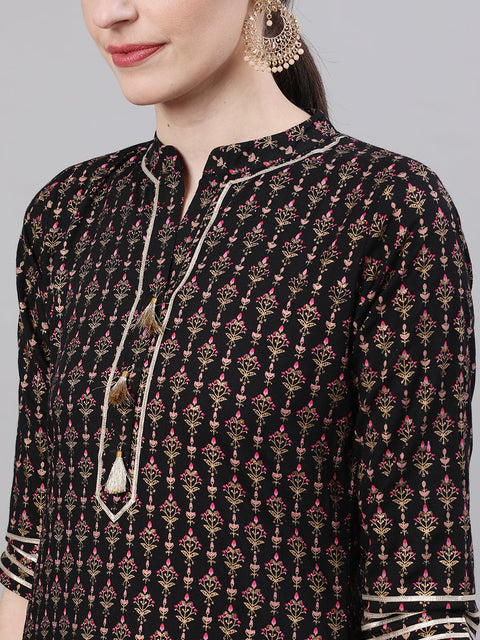 Women Black Three-Quarter Sleeves Straight Kurta Skirt With Dupatta