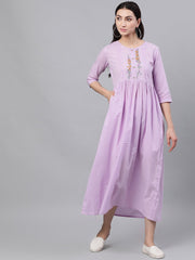 Women Lavender Solid Solid Round Neck Cotton Maxi Dress