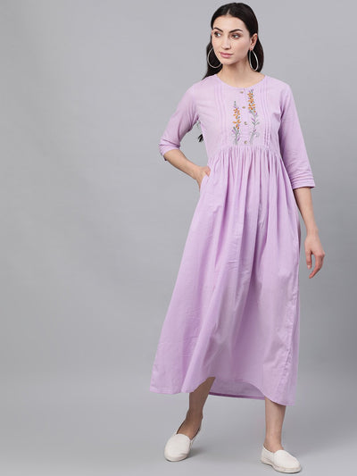 Women Lavender Solid Solid Round Neck Cotton Maxi Dress