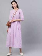 Women Lavender Solid Solid Round Neck Cotton Maxi Dress
