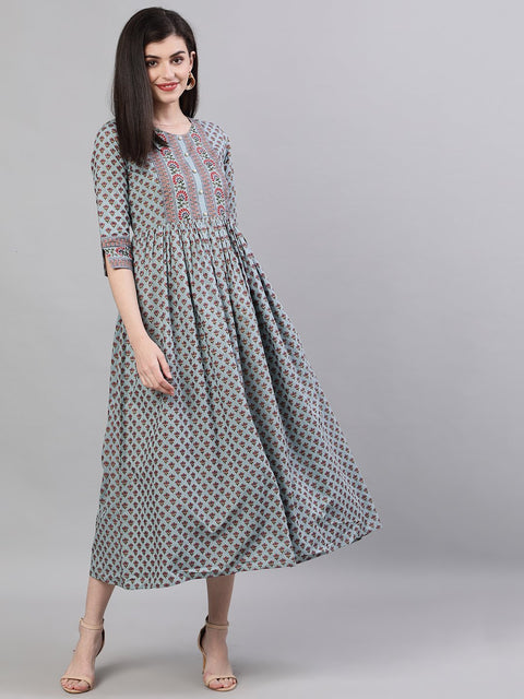 Women Blue Ethnic Motifs Printed Round Neck Cotton Maxi Dress