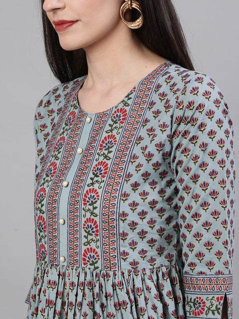 Women Blue Ethnic Motifs Printed Round Neck Cotton Maxi Dress