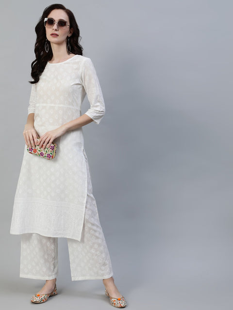 Women Off White Straight Block Print Pure Cotton Kurta & Palazzos